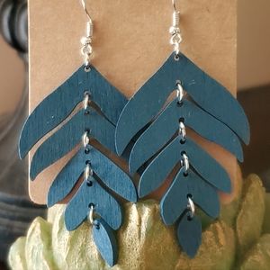 Blue Wooden Leaf Drop Earrings
